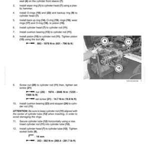 Op de afbeelding: Diagram van een dippercilinder-assemblage met genummerde stappen en illustraties. Bevat metingen in N&middot;m en mm. Tekst beschrijft de installatie van diverse onderdelen zoals afdichtingen en ringen.