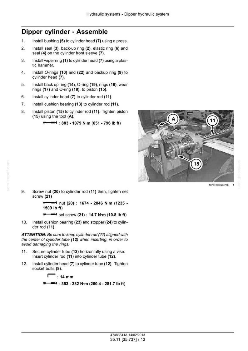 Op de afbeelding: Diagram van een dippercilinder-assemblage met genummerde stappen en illustraties. Bevat metingen in N&middot;m en mm. Tekst beschrijft de installatie van diverse onderdelen zoals afdichtingen en ringen.