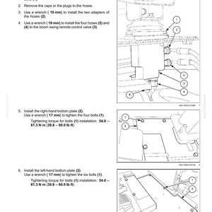 May include: Diagram of hydraulic system components with instructions for installing a swing control valve pedal. Includes wrench sizes in millimeters and tightening torque in Newton-meters and pound-feet. Text includes installation steps and part numbers.