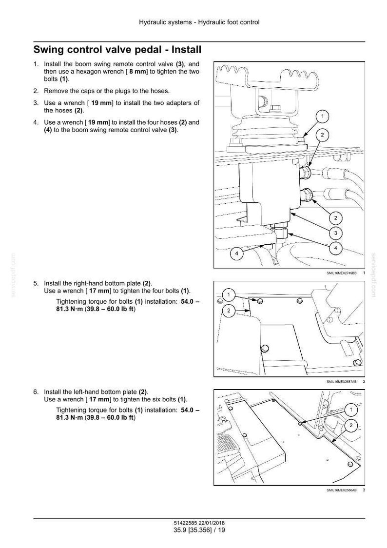 May include: Diagram of hydraulic system components with instructions for installing a swing control valve pedal. Includes wrench sizes in millimeters and tightening torque in Newton-meters and pound-feet. Text includes installation steps and part numbers.