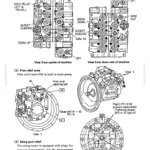 Pode incluir: Um diagrama t&eacute;cnico para a m&aacute;quina SK235SR mostrando as posi&ccedil;&otilde;es de ajuste de press&atilde;o para a v&aacute;lvula de controle principal, v&aacute;lvula de al&iacute;vio piloto e al&iacute;vio da porta de giro com desenhos detalhados, r&oacute;tulos e especifica&ccedil;&otilde;es.