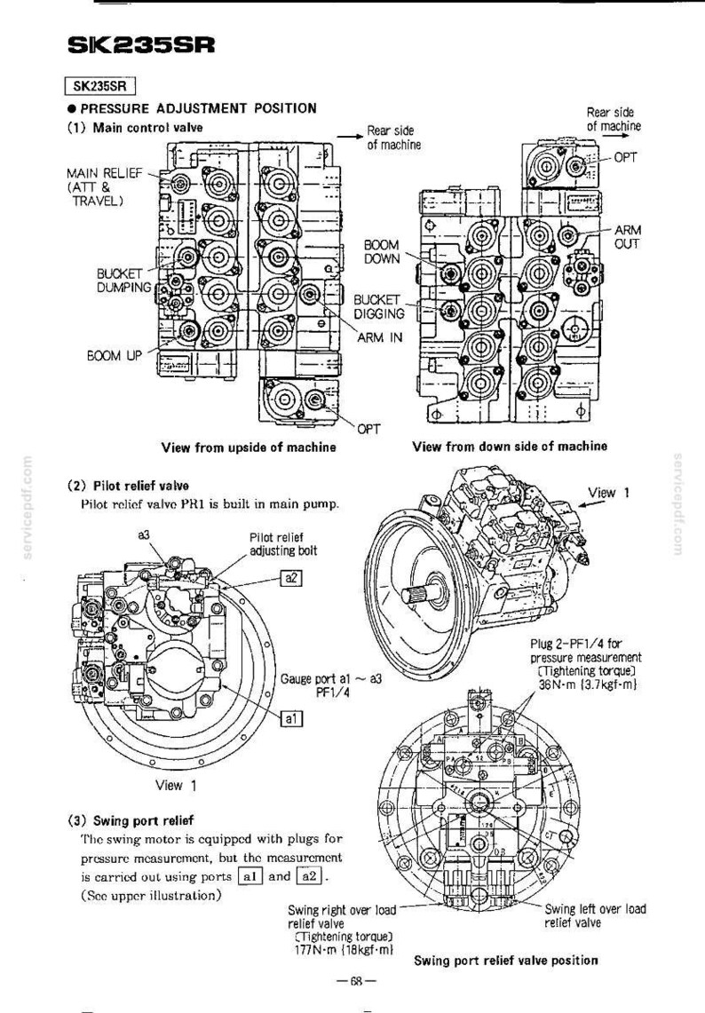 Pode incluir: Um diagrama t&eacute;cnico para a m&aacute;quina SK235SR mostrando as posi&ccedil;&otilde;es de ajuste de press&atilde;o para a v&aacute;lvula de controle principal, v&aacute;lvula de al&iacute;vio piloto e al&iacute;vio da porta de giro com desenhos detalhados, r&oacute;tulos e especifica&ccedil;&otilde;es.