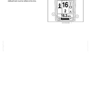 May include: A technical manual page titled 3 - CONTROLS AND INSTRUMENTS showing a Diesel Exhaust Fluid (DEF)/AdBlue level gauge. The diagram displays a digital instrument cluster with readings of 1800 r/min, 16, and 16.3 MPH, including a tank level indicator.