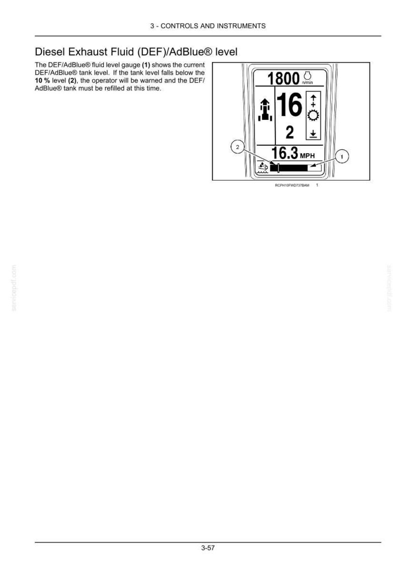 May include: A technical manual page titled 3 - CONTROLS AND INSTRUMENTS showing a Diesel Exhaust Fluid (DEF)/AdBlue level gauge. The diagram displays a digital instrument cluster with readings of 1800 r/min, 16, and 16.3 MPH, including a tank level indicator.