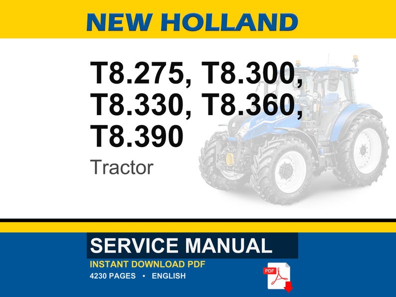 Pu&ograve; includere: Un trattore New Holland blu e bianco &egrave; raffigurato nell'immagine. Il testo include i numeri di modello T8.275, T8.300, T8.330, T8.360 e T8.390. Sono presenti anche le parole "Trattore" e "Manuale di servizio".