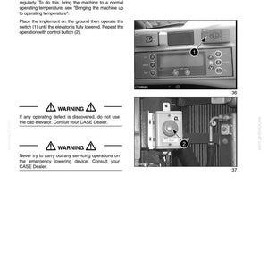 May include: Diagram of a cab emergency lowering system with operating instructions. The image shows a control panel with a switch labeled (1) and a control button (2). Warning labels are also present. The text reads "INSPECTION OF THE CAB EMERGENCY LOWERING SYSTEM."