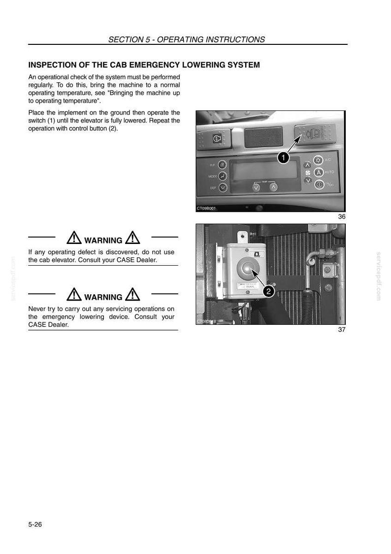 May include: Diagram of a cab emergency lowering system with operating instructions. The image shows a control panel with a switch labeled (1) and a control button (2). Warning labels are also present. The text reads "INSPECTION OF THE CAB EMERGENCY LOWERING SYSTEM."