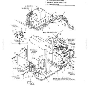 May include: A technical line drawing illustrating the installation of an air conditioner and heater system. The diagram displays various components, hoses, bolts, and numbered parts with specific tightening torque values in kgf-m and ft-lbs.