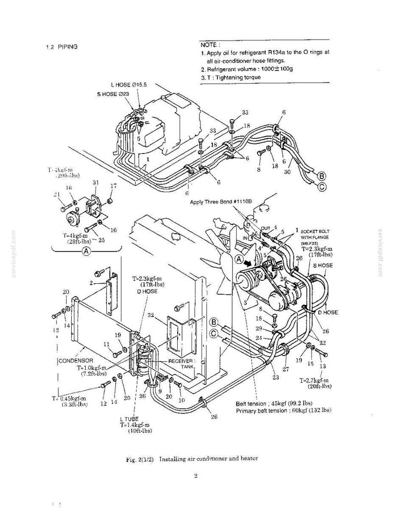 May include: A technical line drawing illustrating the installation of an air conditioner and heater system. The diagram displays various components, hoses, bolts, and numbered parts with specific tightening torque values in kgf-m and ft-lbs.