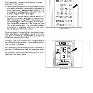 May include: A technical manual page titled 4-OPERATING INSTRUCTIONS detailing Ground Speed Management. It features a diagram of a control panel with various icons and a digital display showing 1800 RPM, gear 16, and a speed of 14.4 MPH with arrows.