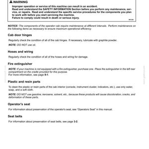 May include: A technical manual page titled 7-MAINTENANCE, detailing safety warnings and maintenance procedures for an operator cab. It includes instructions for cab door hinges, hoses, wiring, fire extinguishers, plastic parts, seats, and seat belts.
