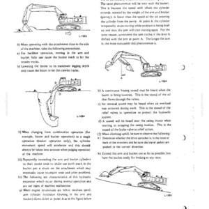 Peut inclure: Une page de manuel technique pr&eacute;sentant des dessins au trait en noir et blanc d'une pelle hydraulique dans diverses positions de fonctionnement, accompagn&eacute;s de textes d'instructions num&eacute;rot&eacute;s sur l'utilisation et l'entretien.