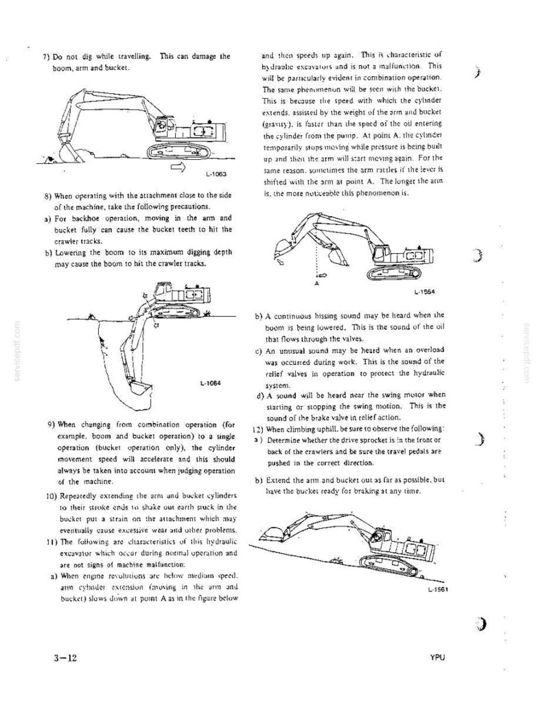 Peut inclure: Une page de manuel technique pr&eacute;sentant des dessins au trait en noir et blanc d'une pelle hydraulique dans diverses positions de fonctionnement, accompagn&eacute;s de textes d'instructions num&eacute;rot&eacute;s sur l'utilisation et l'entretien.