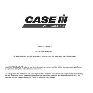 May include: A white document with the "CASE IH AGRICULTURE" logo in black and red. The text includes the company's address in Racine, Wisconsin, and copyright information from 2011. The document is printed in the U.S.A.
