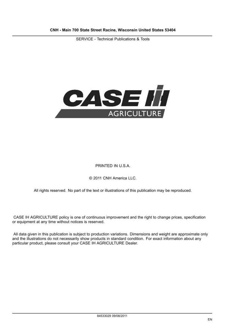 May include: A white document with the "CASE IH AGRICULTURE" logo in black and red. The text includes the company's address in Racine, Wisconsin, and copyright information from 2011. The document is printed in the U.S.A.