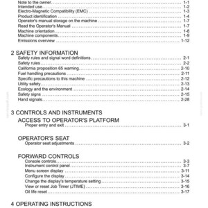 May include: A white document titled "Contents" with a list of topics and page numbers. Sections include General Information, Safety Information, Controls and Instruments, and Operating Instructions. The document is likely a manual.