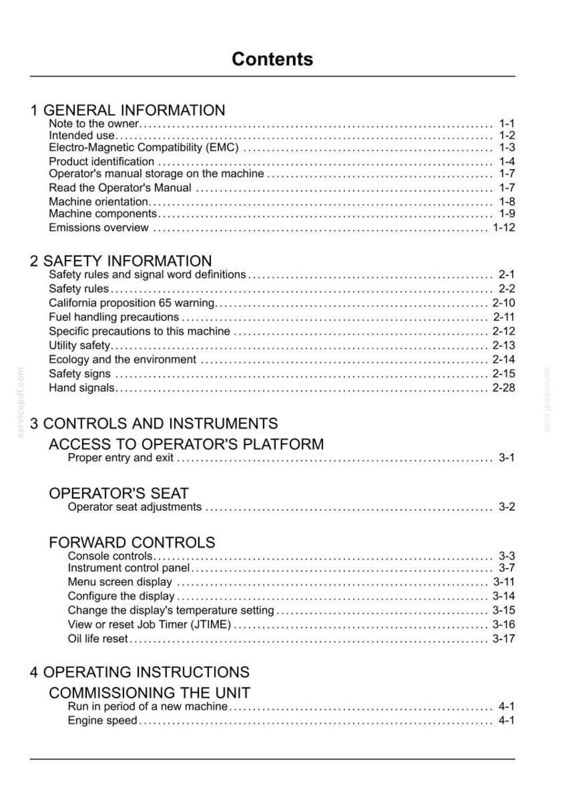 May include: A white document titled "Contents" with a list of topics and page numbers. Sections include General Information, Safety Information, Controls and Instruments, and Operating Instructions. The document is likely a manual.