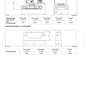 May include: A technical diagram titled Chapter 4 - Operating Instructions showing an excavator and a counterweight. The excavator has a shoe width of 900 mm, length of 6,210 mm, height of 3,370 mm, width of 3,650 mm, and weight of 31,600 kg. The counterweight is 10,300 kg.