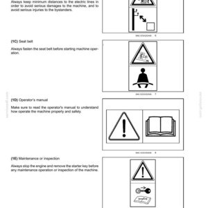 May include: A page from a manual with safety information. Includes warning symbols for danger of electric lines, seat belt use, operator's manual, and maintenance. The text advises on safety precautions.