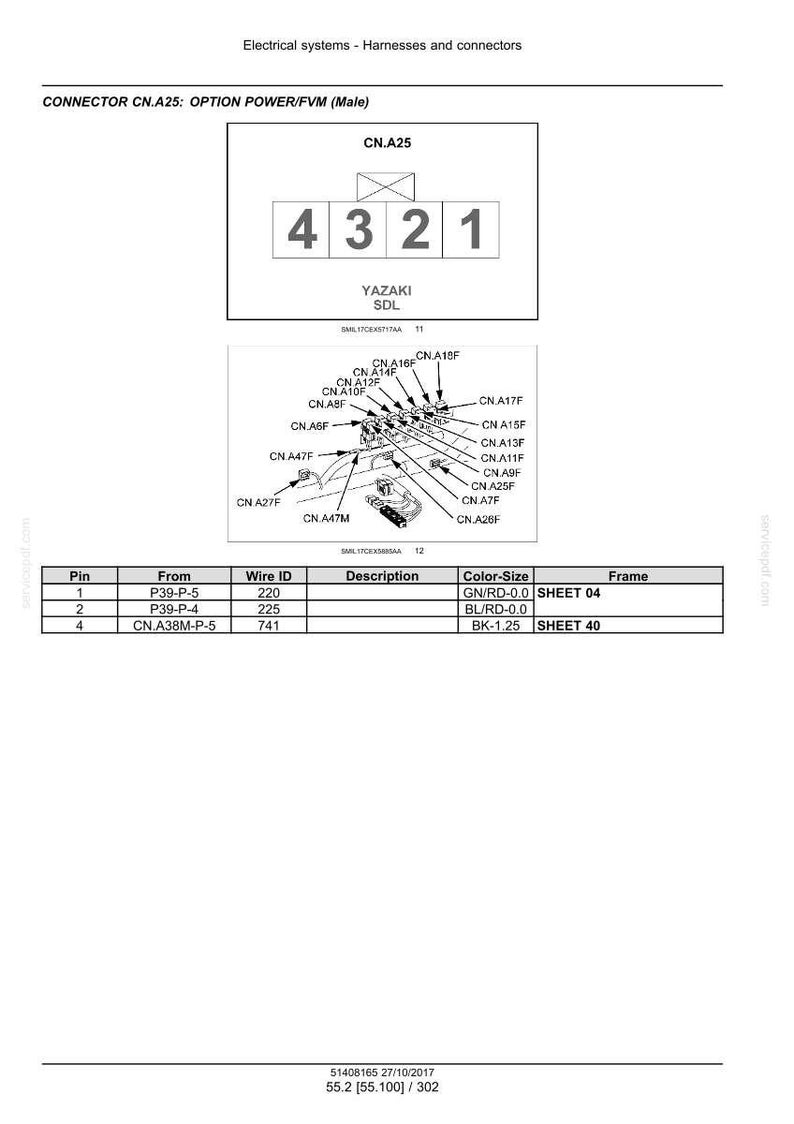 May include: Diagram of an electrical connector labeled CN.A25, with a male connector and the text "OPTION POWER/FVM". The diagram includes a table with pin, wire ID, description, color-size, and frame information.