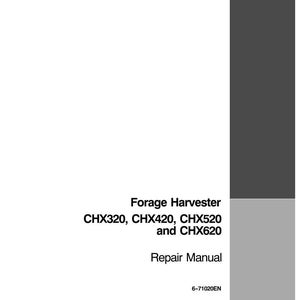 May include: A white repair manual for a Forage Harvester. The cover features the text "Forage Harvester CHX320, CHX420, CHX520 and CHX620 Repair Manual". The Case IH logo is in the bottom right corner.