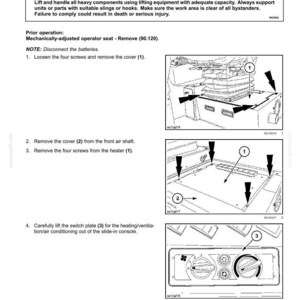 May include: Diagram illustrating the removal of a vehicle's heating system components. The image shows numbered steps with illustrations, arrows, and labels for removing covers, screws, and the switch plate. Safety warnings are included.