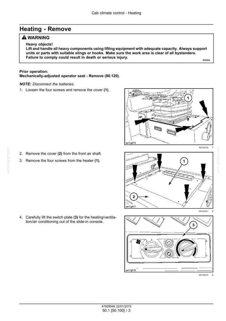 May include: Diagram illustrating the removal of a vehicle's heating system components. The image shows numbered steps with illustrations, arrows, and labels for removing covers, screws, and the switch plate. Safety warnings are included.
