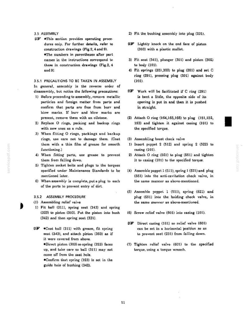 Peut inclure: Une page de document technique intitul&eacute;e 3.5 ASSEMBLY contenant des instructions d&eacute;taill&eacute;es pour l'assemblage m&eacute;canique, incluant des pr&eacute;cautions, des proc&eacute;dures d'assemblage et des &eacute;tapes num&eacute;rot&eacute;es pour monter des composants.