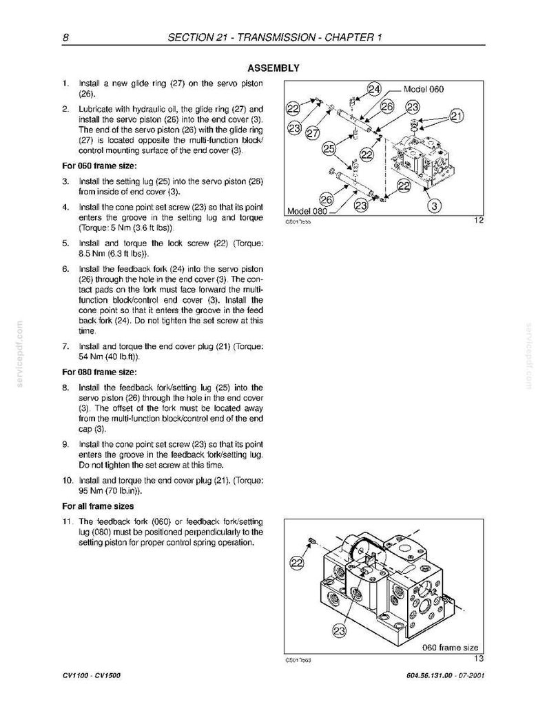 May include: Page from a technical manual detailing transmission assembly instructions. The page includes diagrams of mechanical components, numbered steps, and torque specifications in ft lbs and lb.in.