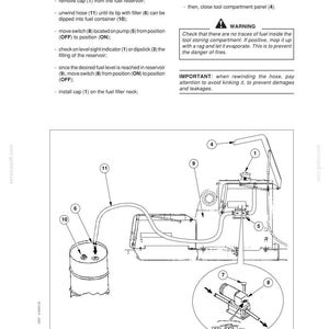 May include: Diagram of a fuel transfer system with labeled components. Includes a fuel reservoir, hose, switch, and filter. Instructions detail the filling process, emphasizing safety precautions and warnings about fire hazards.