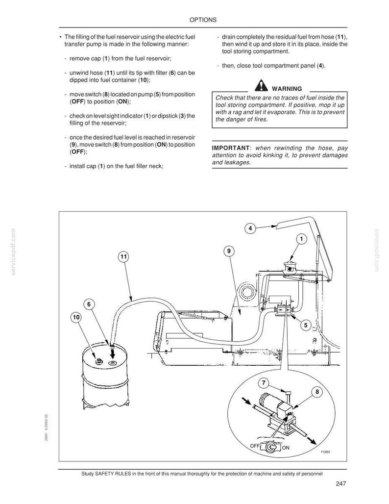 May include: Diagram of a fuel transfer system with labeled components. Includes a fuel reservoir, hose, switch, and filter. Instructions detail the filling process, emphasizing safety precautions and warnings about fire hazards.