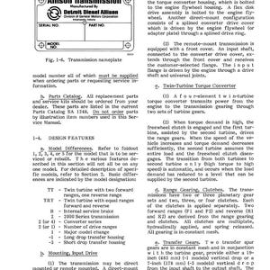 May include: A page from a manual titled "Allison Transmission" by Detroit Diesel Allison, a division of General Motors. The document includes diagrams, specifications, and technical details about transmission models, including twin-turbine torque converters and transfer gears.