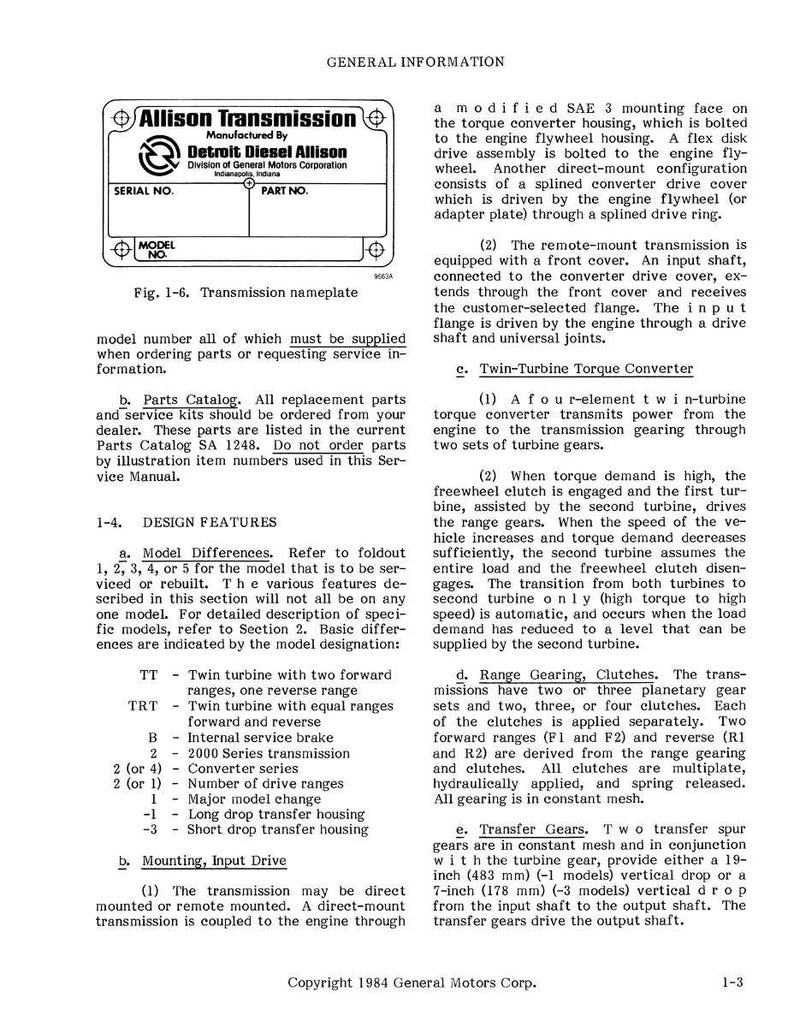 May include: A page from a manual titled "Allison Transmission" by Detroit Diesel Allison, a division of General Motors. The document includes diagrams, specifications, and technical details about transmission models, including twin-turbine torque converters and transfer gears.