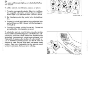 May include: Diagram of a control panel with multiple buttons and a joystick. The text explains the 'Return-to-travel' function, detailing steps to activate and use it. Includes a close-up of the control panel and joystick.
