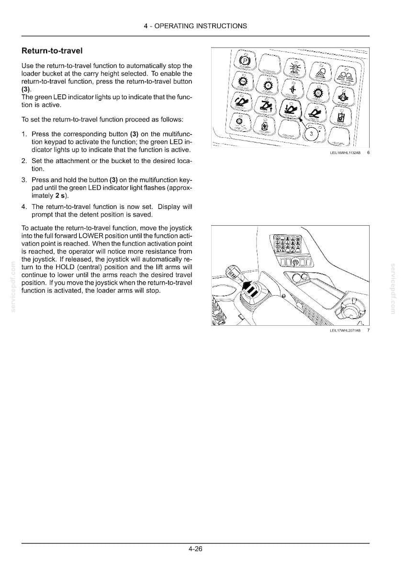 May include: Diagram of a control panel with multiple buttons and a joystick. The text explains the 'Return-to-travel' function, detailing steps to activate and use it. Includes a close-up of the control panel and joystick.