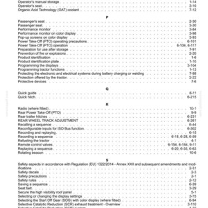 May include: A black and white index page from a technical manual, listing topics alphabetically from N to S. The text includes entries such as Noise level information sheet, Passenger seat, Power Take-Off, Quick guide, Radio, and Safety aspects.