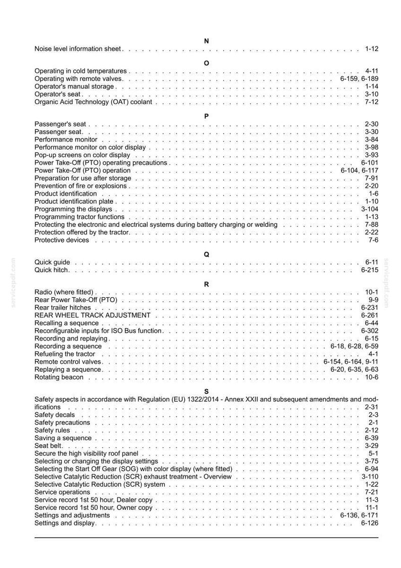 May include: A black and white index page from a technical manual, listing topics alphabetically from N to S. The text includes entries such as Noise level information sheet, Passenger seat, Power Take-Off, Quick guide, Radio, and Safety aspects.