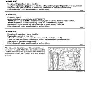 Puede incluir: Una p&aacute;gina de documento t&eacute;cnico titulada 7-MAINTENANCE que detalla advertencias de seguridad del sistema de aire acondicionado sobre exposici&oacute;n al refrigerante, congelaci&oacute;n y riesgos de explosi&oacute;n, incluyendo un dibujo lineal de un filtro secador etiquetado 1.