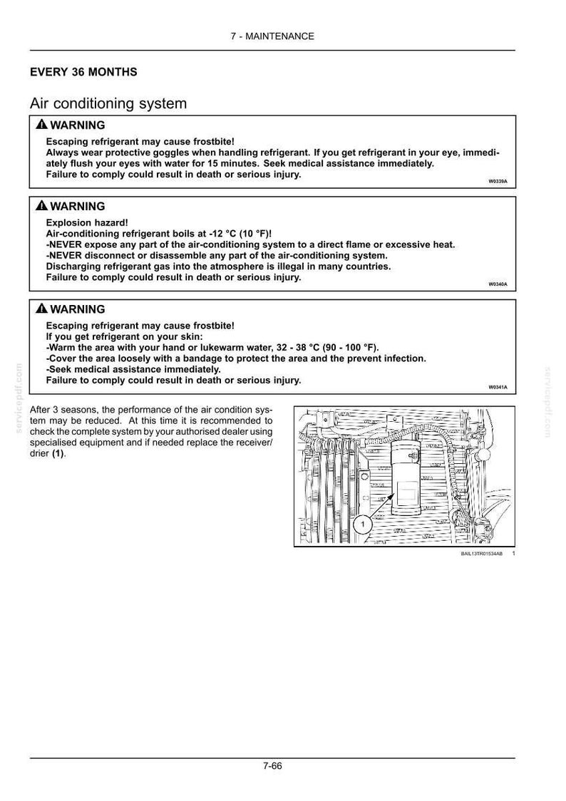 Puede incluir: Una p&aacute;gina de documento t&eacute;cnico titulada 7-MAINTENANCE que detalla advertencias de seguridad del sistema de aire acondicionado sobre exposici&oacute;n al refrigerante, congelaci&oacute;n y riesgos de explosi&oacute;n, incluyendo un dibujo lineal de un filtro secador etiquetado 1.
