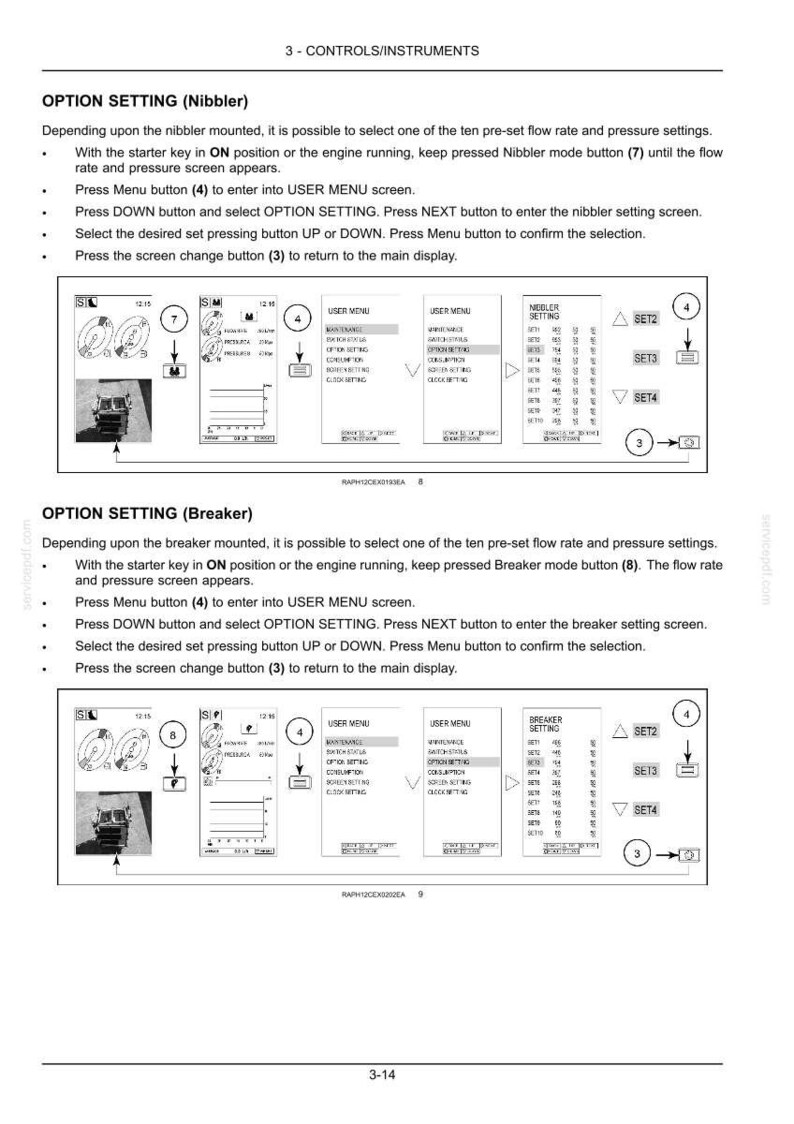 May include: A technical manual page titled 3-CONTROLS/INSTRUMENTS detailing OPTION SETTING procedures for a Nibbler and a Breaker. It includes numbered instructional steps, diagrams of digital display screens, and arrows indicating button navigation.