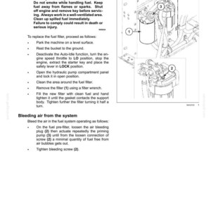 May include: A technical manual page titled 7-MAINTENANCE featuring instructions for replacing a fuel filter and bleeding air from the system. It includes a warning about fuel vapors, numbered diagrams of the fuel filter and pump, and text.