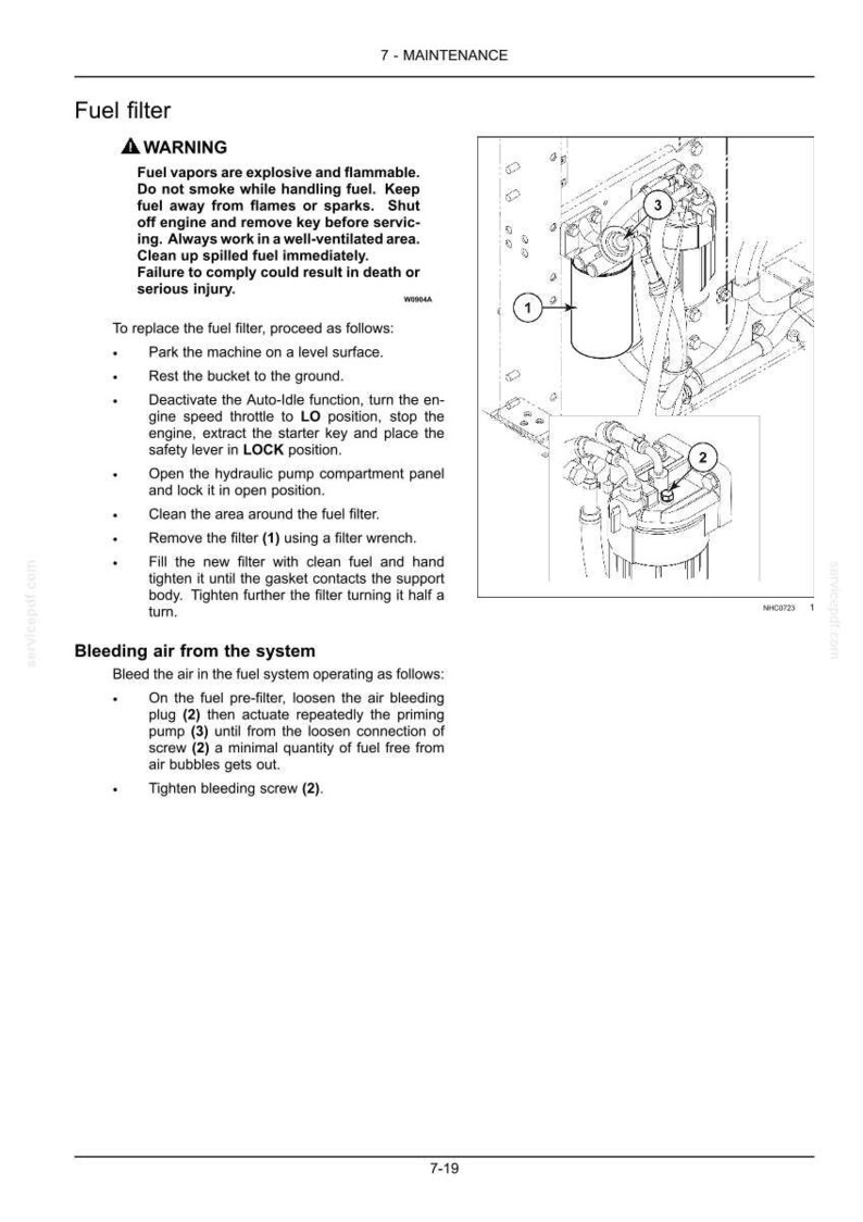 May include: A technical manual page titled 7-MAINTENANCE featuring instructions for replacing a fuel filter and bleeding air from the system. It includes a warning about fuel vapors, numbered diagrams of the fuel filter and pump, and text.