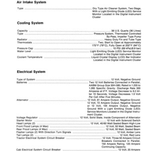 May include: A detailed specification sheet for a general tractor, featuring sections on the air intake, cooling, and electrical systems. Includes technical data such as voltage, capacity, and temperature measurements in imperial units.