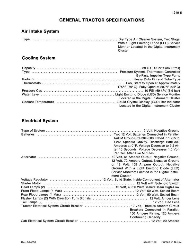 May include: A detailed specification sheet for a general tractor, featuring sections on the air intake, cooling, and electrical systems. Includes technical data such as voltage, capacity, and temperature measurements in imperial units.