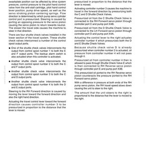 May include: A technical diagram titled "RIGHT HAND FORWARD STEER" with detailed text explaining hydrostatic pump displacement, control valves, and steering mechanisms. Includes diagrams and technical specifications for machinery operation.
