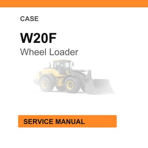 Puede incluir: Fondo blanco con encabezado naranja e imagen borrosa de una cargadora de ruedas amarilla. El texto dice "CASE W20F Wheel Loader" y "SERVICE MANUAL" en un cuadro naranja.
