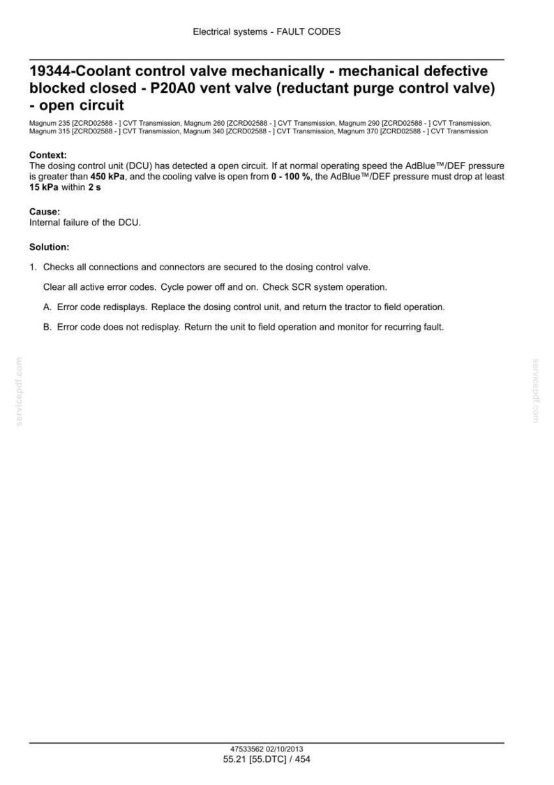 May include: Document detailing fault codes for electrical systems, specifically the 19344-Coolant control valve. Includes context, cause, and solution steps for an open circuit issue in a vent valve. Text includes measurements in kPa.