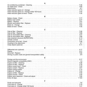 May include: An index page detailing vehicle maintenance tasks. The list is alphabetically ordered, including items like 'Engine oil - Change' and 'Fuel filter - Replace', with corresponding page numbers for easy reference.