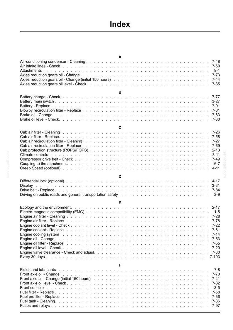 May include: An index page detailing vehicle maintenance tasks. The list is alphabetically ordered, including items like 'Engine oil - Change' and 'Fuel filter - Replace', with corresponding page numbers for easy reference.