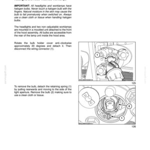 K&ouml;nnte beinhalten: Eine Seite aus einem technischen Handbuch mit dem Titel SECTION 4 - LUBRICATION AND MAINTENANCE, OPERATION 46 BULB REPLACEMENT. Sie enth&auml;lt Anweisungen zum Austausch von Halogenlampen sowie zwei Schwarz-Wei&szlig;-Skizzen zur Verkabelung.